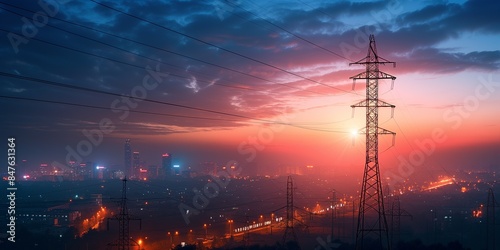 cityscape dusk featuring high voltage power lines and transmission towers. The image captures the essence of urban energy infrastructure with glowing city lights and bokeh effects in the foreground.