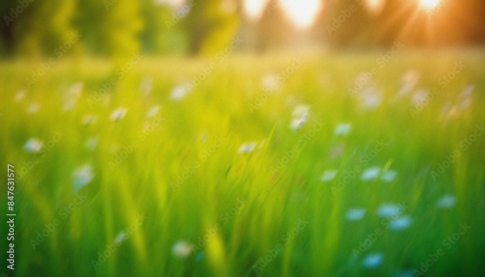 Obraz premium abstract blurred green grass field with wild flowers. soft elegant Nature background with delicate grane and soft lighting. for design, wallpaper, branding, presentations, promotional materials. High