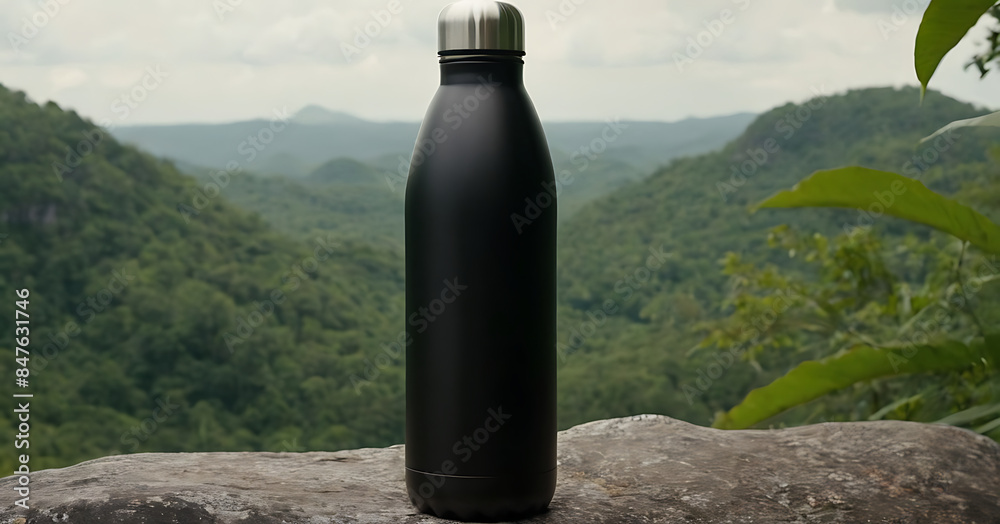 Sleek black reusable water bottle on a rock with a lush green backdrop. Ideal for eco-conscious or outdoor adventure brands. Sleek black reusable water bottle on a rock with a lush green backdrop. Ideal for eco-conscious or outdoor adventure brands.