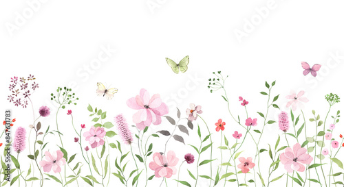 Photography Floral seamless border with abstract  delicate pink wildflowers and colored butterflies