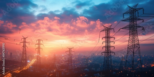 cityscape dusk featuring high voltage power lines and transmission towers. The image captures the essence of urban energy infrastructure with glowing city lights and bokeh effects in the foreground.