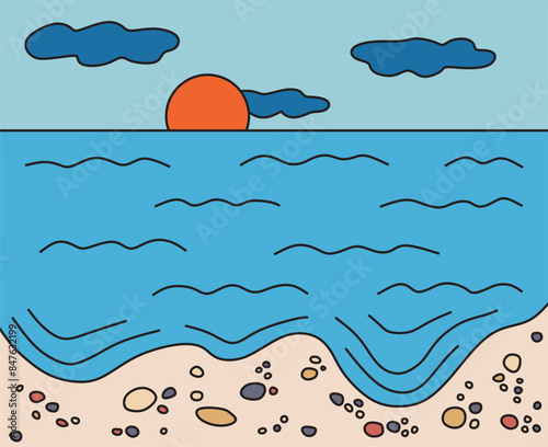 Seascape. Waves crash onto the sand and stones. Horizon and sun in the sky. Sunlight. Sea or ocean. Flat vector illustration. Abstract art.