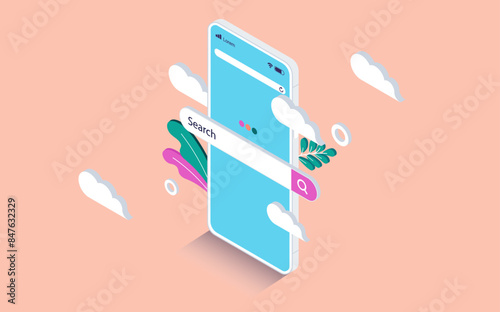 Search bar on mobile phone screen - Smartphone with online search engine popping out of screen in flat isometric perspective on beige background