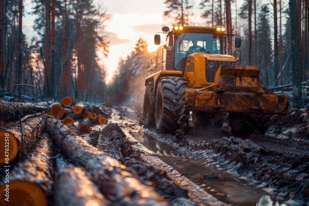 Truck and fallen trees in the forest, export or import of wood. Transport industry. Truck and fallen trees in the forest, export or import of wood. Transport industry.