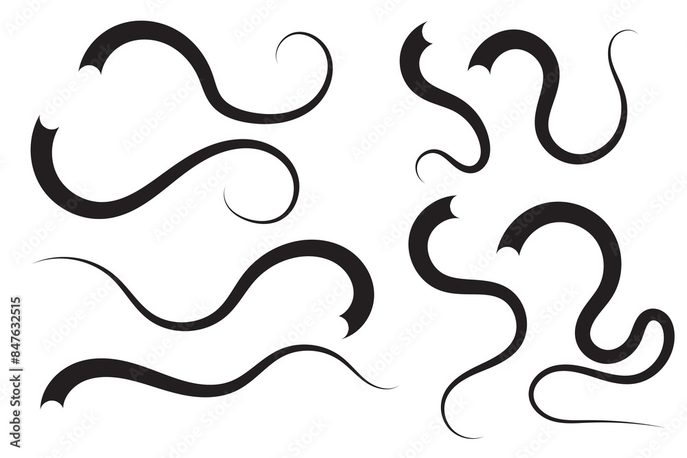 Set of Swoosh and swoop underline typography tails shape in flat styles. Swoosh line vector, underline swish, stroke swash swirl, Brush drawn curved smear. Hand drawn curly swishes, swash, twiddle. Set of Swoosh and swoop underline typography tails shape in flat styles. Swoosh line vector, underline swish, stroke swash swirl, Brush drawn curved smear. Hand drawn curly swishes, swash, twiddle.