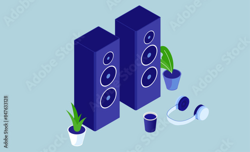 Home stereo speakers - Tower loudspeakers in isometric perspective view in cosy clean setting. Listening to music concept vector illustration 