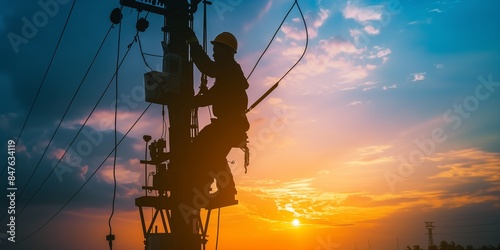 silhouette of electrical worker climbs a utility pole during a vibrant sunset. maintaining the power grid with evening sky background