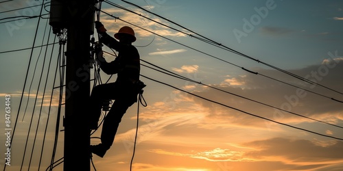 silhouette of electrical worker climbs a utility pole during a vibrant sunset. maintaining the power grid with evening sky background photo