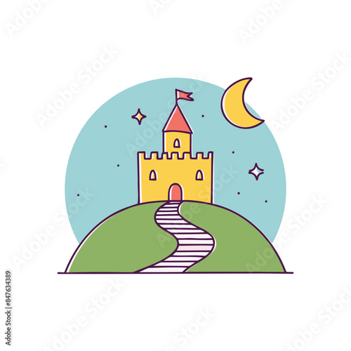 Illustration of castle with stair and tower in the hill with crescent