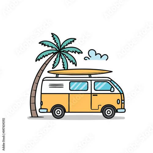 Illustration of a van car with surfboard stand near palm tree