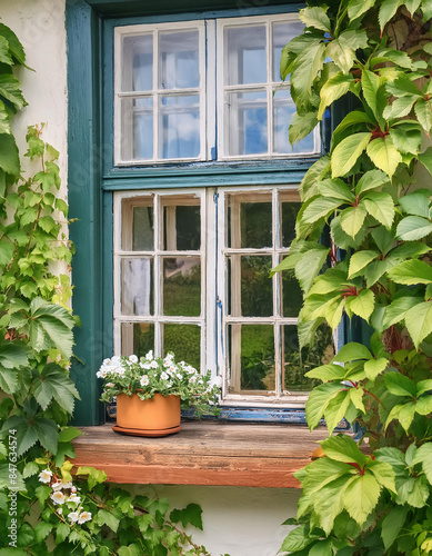  A cottage home with a window overlooking an outdoor garden courtyard, where vines and ivy are growing up the walls