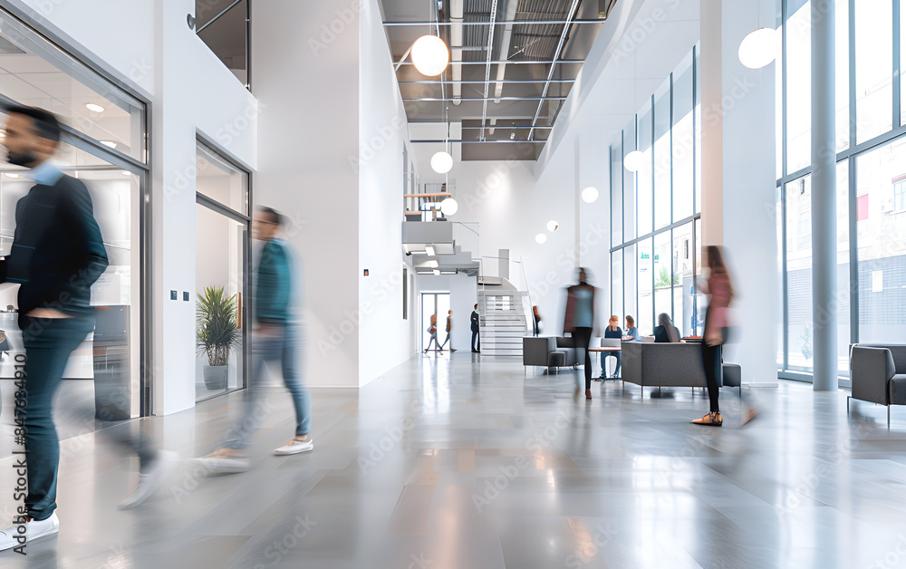 Bright business workplace with people walking in blurred motion in modern office building. A group of individuals walking down a sleek modern office hallway with a glass wall during a busy workday Bright business workplace with people walking in blurred motion in modern office building. A group of individuals walking down a sleek modern office hallway with a glass wall during a busy workday