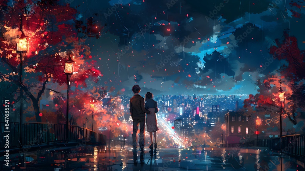 A couple stands on a bridge under lanterns, watching the city lights in the rain, surrounded by colorful foliage and reflections. A couple stands on a bridge under lanterns, watching the city lights in the rain, surrounded by colorful foliage and reflections.
