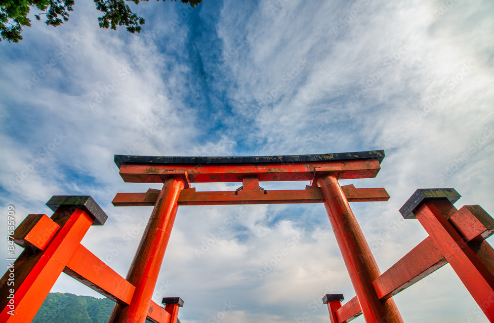 The red torii gate leading to Lake Ashi of Hakone Shrine in Motohakone, Hakone-machi The red torii gate leading to Lake Ashi of Hakone Shrine in Motohakone, Hakone-machi