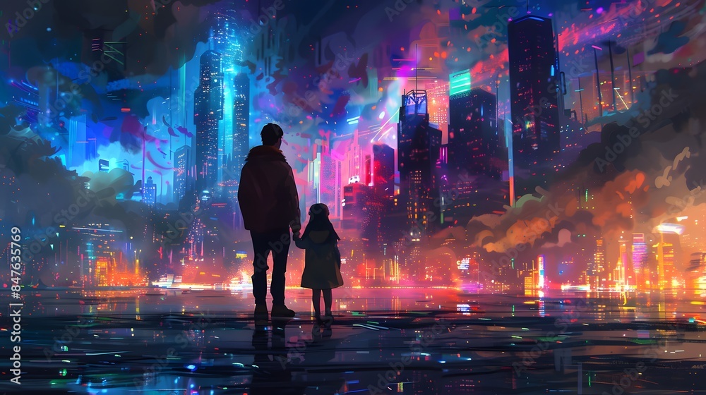Fototapeta premium A father and daughter hold hands while admiring a vibrant, neon-lit cityscape at night, creating a futuristic and heartwarming scene.