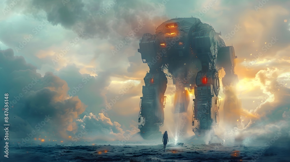 Fototapeta premium A lone person stands before a colossal mech in a misty landscape, creating a dramatic and awe-inspiring sci-fi scene.