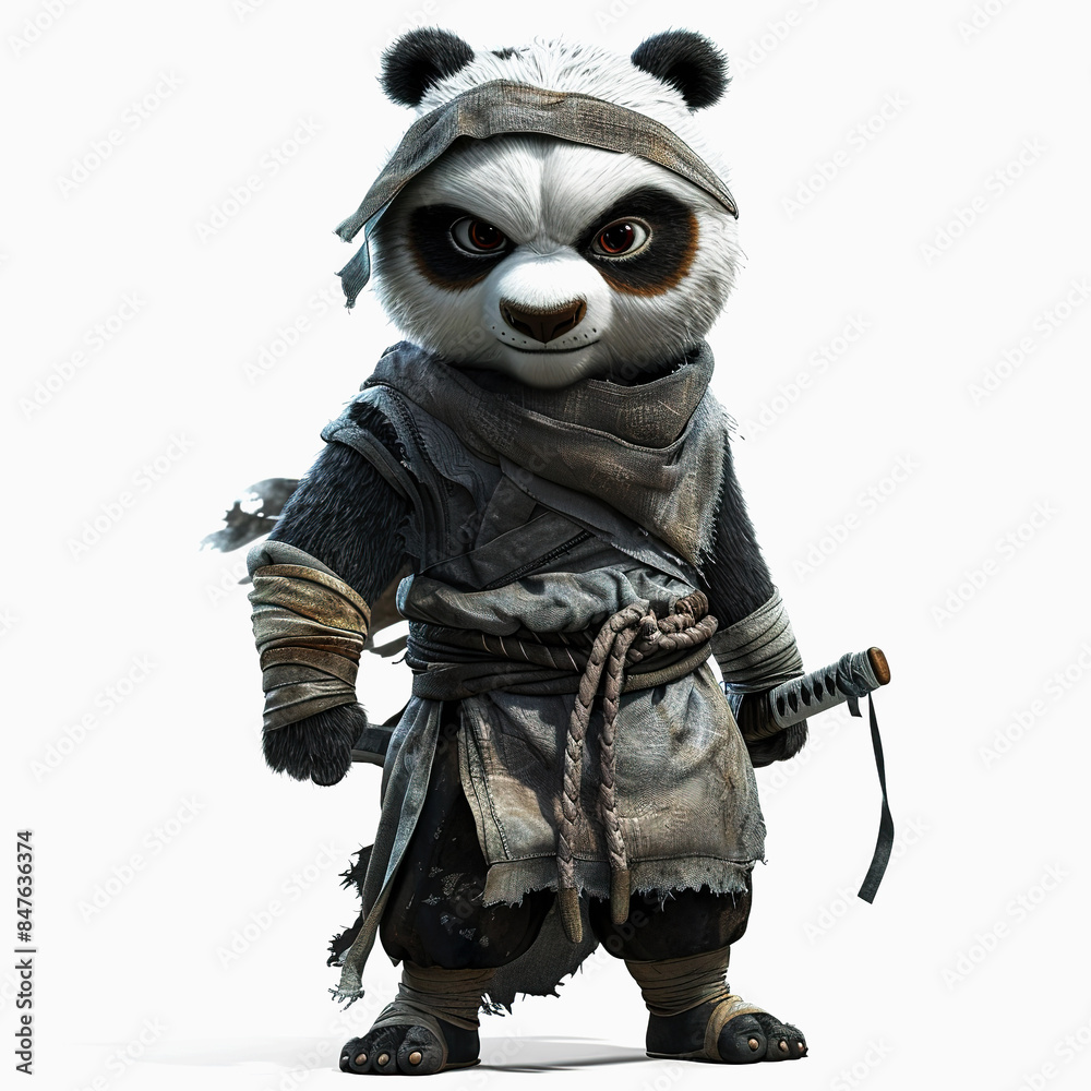 3D Panda assassin cartoon with mask isolated on white background. Realistic Panda ninja 3D Panda assassin cartoon with mask isolated on white background. Realistic Panda ninja