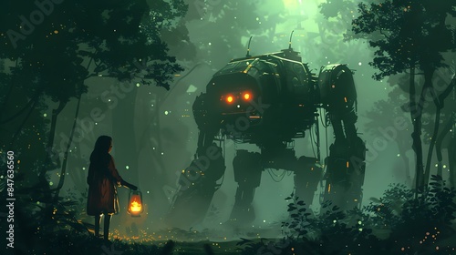 A young girl holding a lantern faces a large robot with glowing eyes, standing amidst a dark, mystical forest.