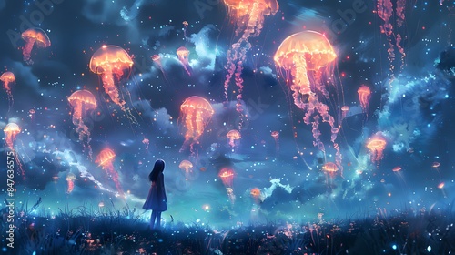A girl stands in a field, mesmerized by bioluminescent jellyfish floating in a starry night sky, creating a magical scene.