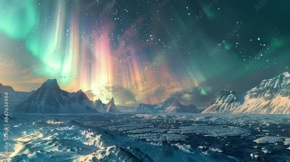 Naklejka premium A breathtaking view of the Northern Lights shimmering over a snowy Icelandic landscape