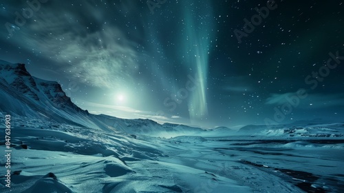 A breathtaking view of the Northern Lights shimmering over a snowy Icelandic landscape 