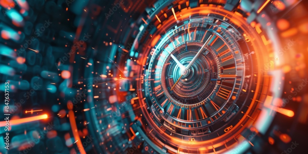 Fototapeta premium Time travel technology background with clock and time machine concept that can turn clock hands. Jump into a time portal within a few hours. Travel in time and space. Time travel fantasy. Simple wallp