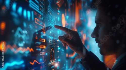 Digital Dynamo: Man Utilizes Holographic Interface for Data Analysis, Steering Trade towards Profitability. A man's hand touches a technological touch screen. photo