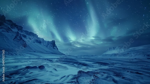 A breathtaking view of the Northern Lights shimmering over a snowy Icelandic landscape 