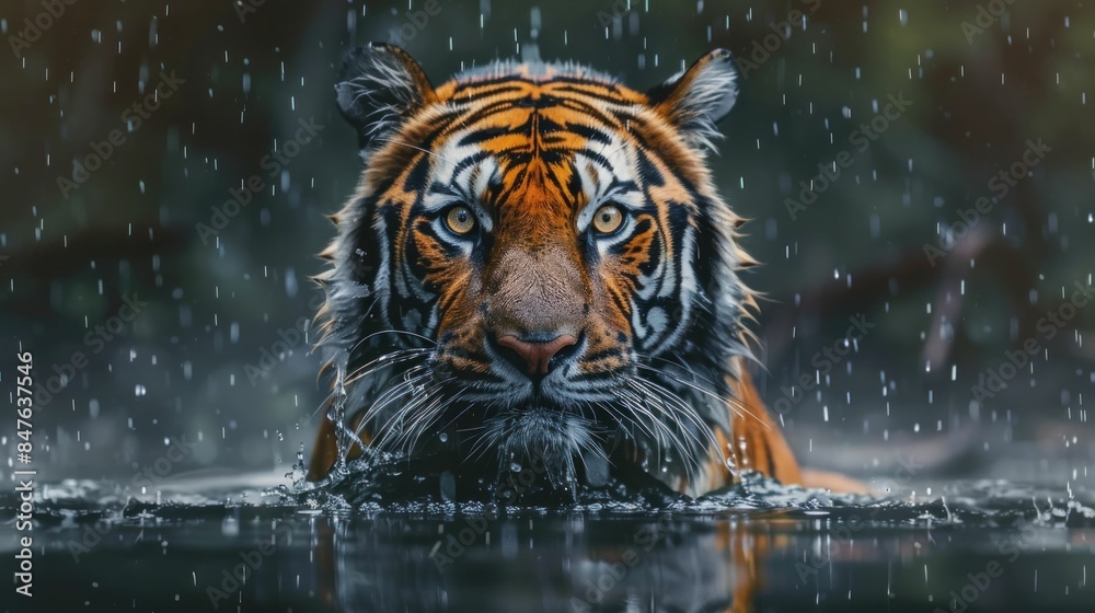 Tropical tiger in refreshing rainwater majestic predator standing in the water with raindrops on its head Tropical tiger in refreshing rainwater majestic predator standing in the water with raindrops on its head