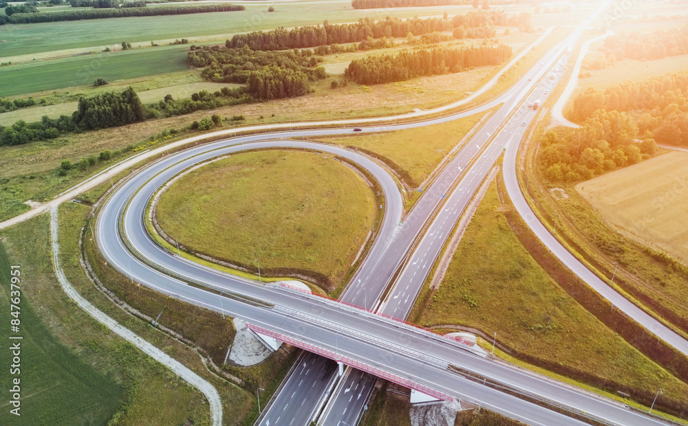 European rural highway junction from above on a summer day European rural highway junction from above on a summer day