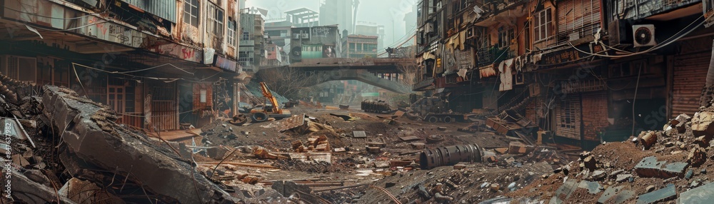 Fototapeta premium Wide-angle view of an urban street in decay, featuring extensive rubble, dilapidated buildings, and a bridge in the background.