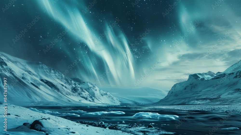 Fototapeta premium A breathtaking view of the Northern Lights shimmering over a snowy Icelandic landscape