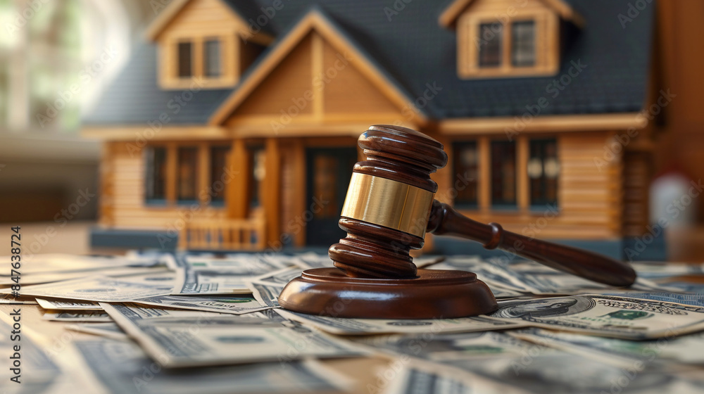a hammer of a judge, American dollar bills, a house against the background of a wooden table. auction, real estate buying and selling. a hammer of a judge, American dollar bills, a house against the background of a wooden table. auction, real estate buying and selling.