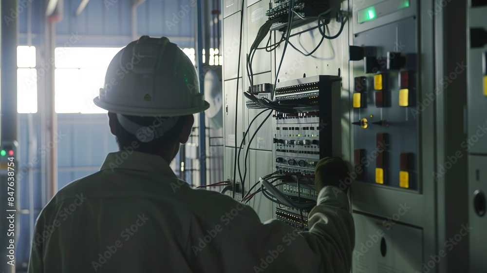 Factory electrical panel during inspection, close-up, no humans, circuit integrity check, bright overhead light Factory electrical panel during inspection, close-up, no humans, circuit integrity check, bright overhead light