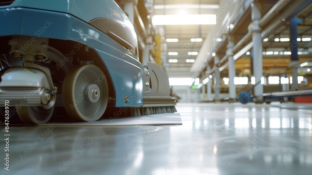 Close-up of industrial floor scrubber in factory, cleanliness, no people, machinery detail, bright light Close-up of industrial floor scrubber in factory, cleanliness, no people, machinery detail, bright light