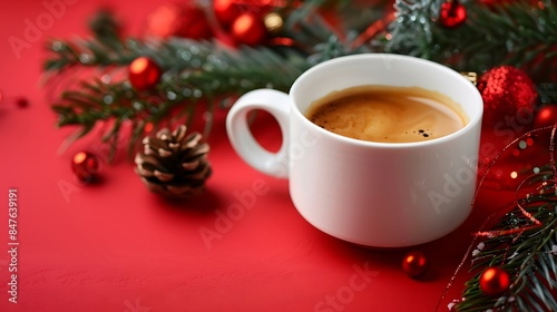 Cup of coffee with christmas decoration isolated on colorful background