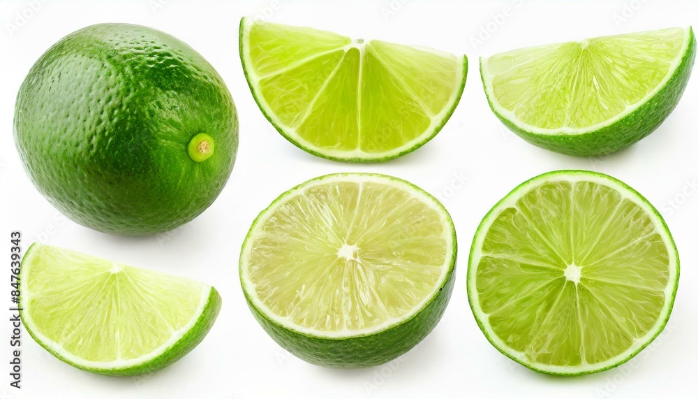 Lime pieces set collection isolated on white background, cut out, top view Lime pieces set collection isolated on white background, cut out, top view
