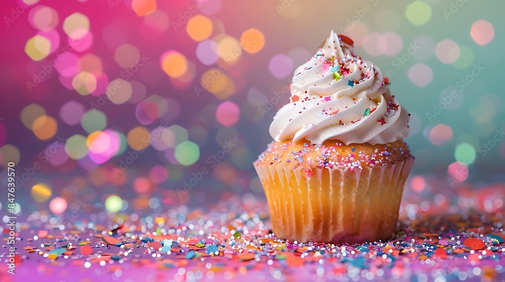cupcake sits surrounded by glitter on a table isolated on colorful background cupcake sits surrounded by glitter on a table isolated on colorful background
