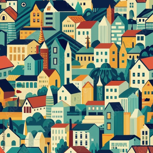 Seamless pattern of abstract cityscapes with simplified buildings and streets, Generative AI