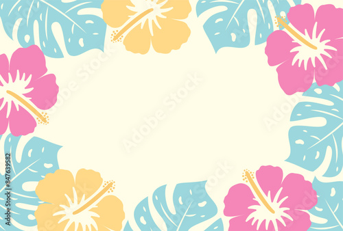 summer vector background with hibiscus flowers and tropical leaves for banners, cards, flyers, social media wallpapers, etc.