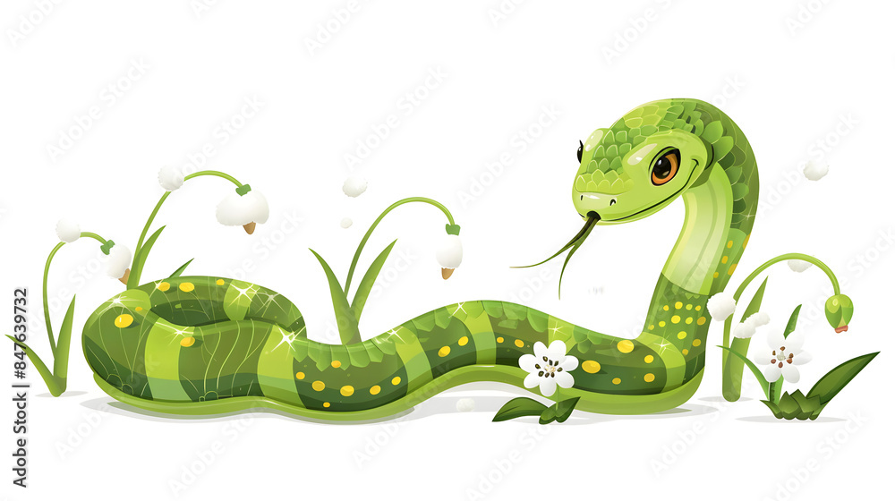 Naklejka premium image of a cartoon snake with plants corresponding to the flowering months, for a calendar