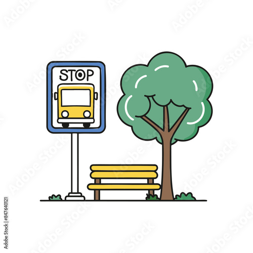 Illustration of bus stop sign stand beside park bench and tree