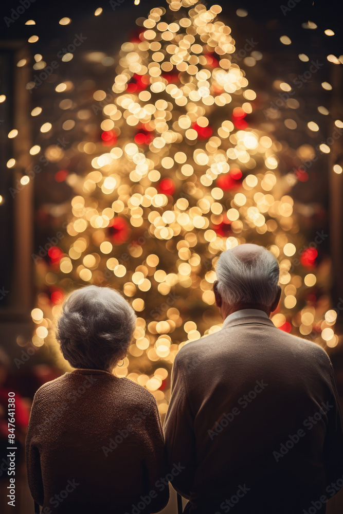 男, 男性, 女, 女性, 高齢者, 後ろ姿, クリスマス, クリスマスツリー, プレゼント, イルミネーション, お祝い, man, woman, elderly, back, Christmas, Christmas tree, gift, illumination, celebration