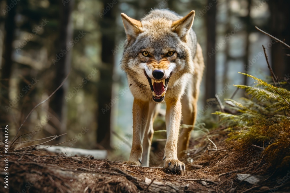 A Rabid coyote on a remote hiking trail, growling at a lone hiker, its stance aggressive and eyes filled with rage, a dangerous encounter in the wilderness
A Rabid coyote on a remote hiking trail, growling at a lone hiker, its stance aggressive and eyes filled with rage, a dangerous encounter in the wilderness
