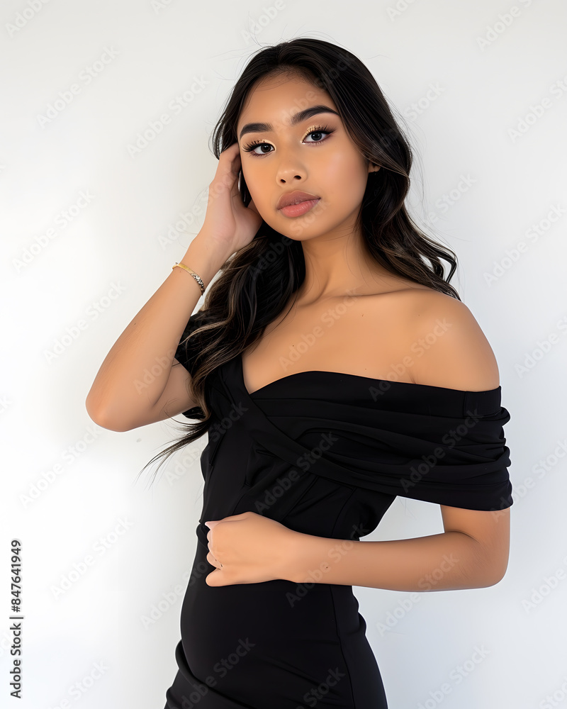 A female model, striking a confident pose with one hand on her hip and the other gently touching her face, against a solid white background. She is dressed in a chic black dress, her makeup A female model, striking a confident pose with one hand on her hip and the other gently touching her face, against a solid white background. She is dressed in a chic black dress, her makeup