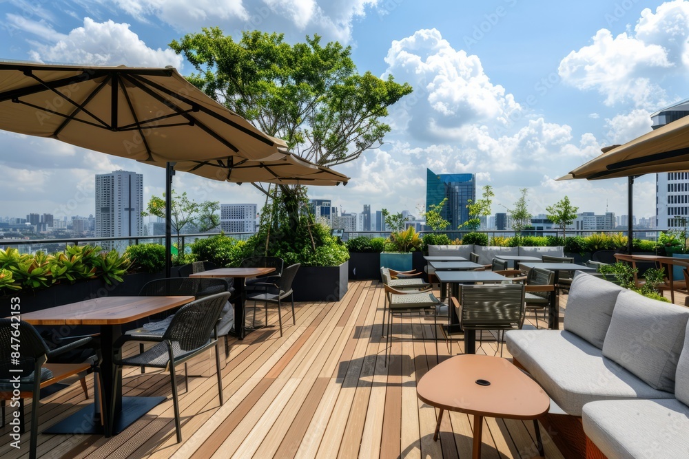 Obraz premium Professional Photography of the outdoor terrace or rooftop garden offering panoramic views and fresh air for employees to enjoy, Generative AI