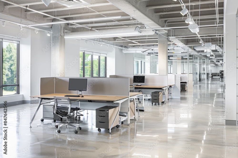 Professional Photography of the spacious and well-lit open office area with ergonomic workstations and collaborative spaces, Generative AI Professional Photography of the spacious and well-lit open office area with ergonomic workstations and collaborative spaces, Generative AI