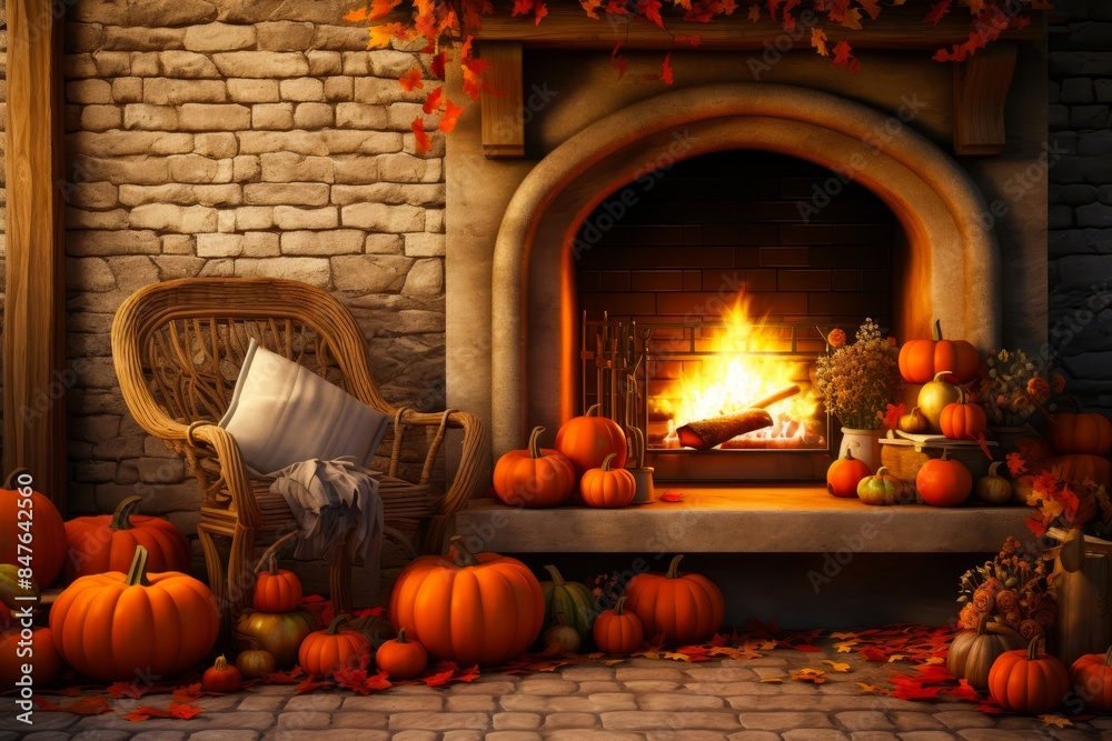 Obraz premium A cozy fireplace with fall decorations