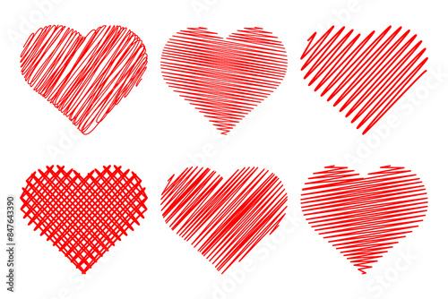 Set of red doodle hearts, hand drawn hatched hearts. Decor elements, icons, vector