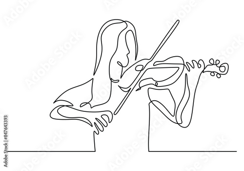 Beautiful woman play violin continuous line drawing. Music orchestra concept.